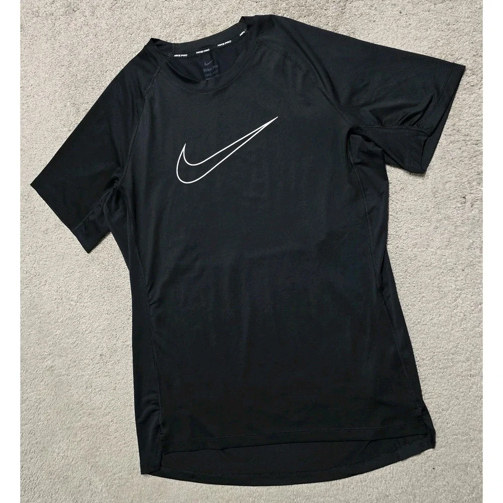 Nike Pro Mens L Short Sleeve Compression Shirt Slim Black Center Swoosh Dri Fit